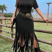 MOOSTA Plus Size Boho Round Neck Short Sleeve Dress With Fringe Hem, For Summer - Negro - Ver 7