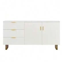 Modern Sideboard With Two Doors And Three Drawers – Elegant MDF Furniture With Gold-Colored Aluminum Alloy And Sturdy Steel Legs, Stylish Storage Space For Your Living Room Or Dining Room – 160 * - 白色 - 查看 6