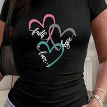Top corto de mujer con estampado de corazones entrelazados "Faith Hope Love", adornado con caligrafía artística y encantadores estampados de corazones superpuestos, cuenta con impresión resistente a la decoloración, nítida y duradera, ofrece un estilo llamativo y elegante, perfecto para salidas informales, eleva sin esfuerzo tu vestuario diario y muestra tu gusto único. - Negro - Ver 7