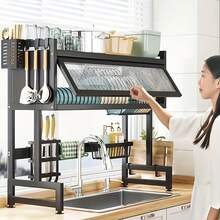 Dustproof Cover Over The Sink Dish Rack, Space Saving Kitchen Sink Shelf, Large Capacity Dish Drying & Storage Organizer - Black - View 3