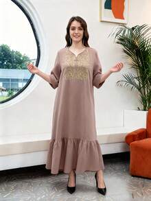 Mẫu váy Ramadan truyền thống thanh lịch kiểu mới năm 2026, váy Ả Rập thêu vàng dành cho nữ, thiết kế Jalabia với cổ đứng và viền xếp lớp, phong cách thời trang và duyên dáng cho quý cô. - Bụi hồng - Xem 4