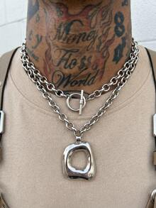1pc Geometric Square OT Lock Pendant Necklace, Hiphop Style, Suitable For Daily, Business, Vacation, Party, Birthday, Holiday Gift - Silver - View 3