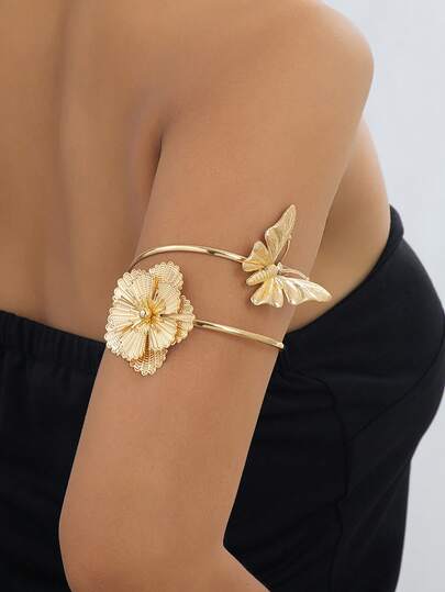 1 Pc Gold Plated Butterfly & Flower Arm Cuff, Double Layer Upper Arm Bracelet, Boho Summer Body Jewelry For Women