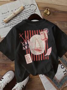 Summer Tops, Women's Fashion Top With Double-Sided Print, Summer Vintage Style, Sailboat And "SAIL AWAY" Print, Round Neck Short-Sleeved T-Shirt, Long Cotton T-Shirt, Summer Outfit - Black - View 3