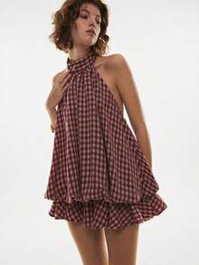 Vestido casual de verano con tejido ligero, cuello halter y espalda descubierta, perfecto para look diario y salidas al aire libre - Burdeos - Ver 4