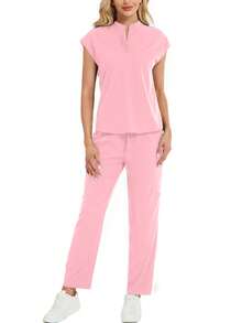Set de 2 piezas que incluye top de cuello mao y pantalones, conjunto de ropa de trabajo de unicolor rosa primavera - Rosa - Ver 5