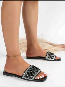 1 Pair Flat Slide Sandals / Solid Color Flat Design Shiny Upper Exquisite Design Rhinestone Decor Easy To Put On And Take Off Easy To Clean Elegant Sophisticated Fashion Versatile Suitable For Daily Wear Shopping Dating Vacation Travel Must-Have Slide Sandals - Black - View 7