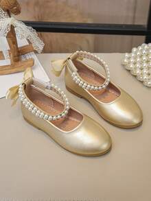 1 Pasang Sepatu Flat Anak Perempuan dengan Gesper Mutiara dan Tali Pergelangan Kaki, Kain Berlapis Halus, Ujung Bulat Anti Slip, Sepatu Putri untuk Pernikahan dan Acara Formal - Sampanye - View 1