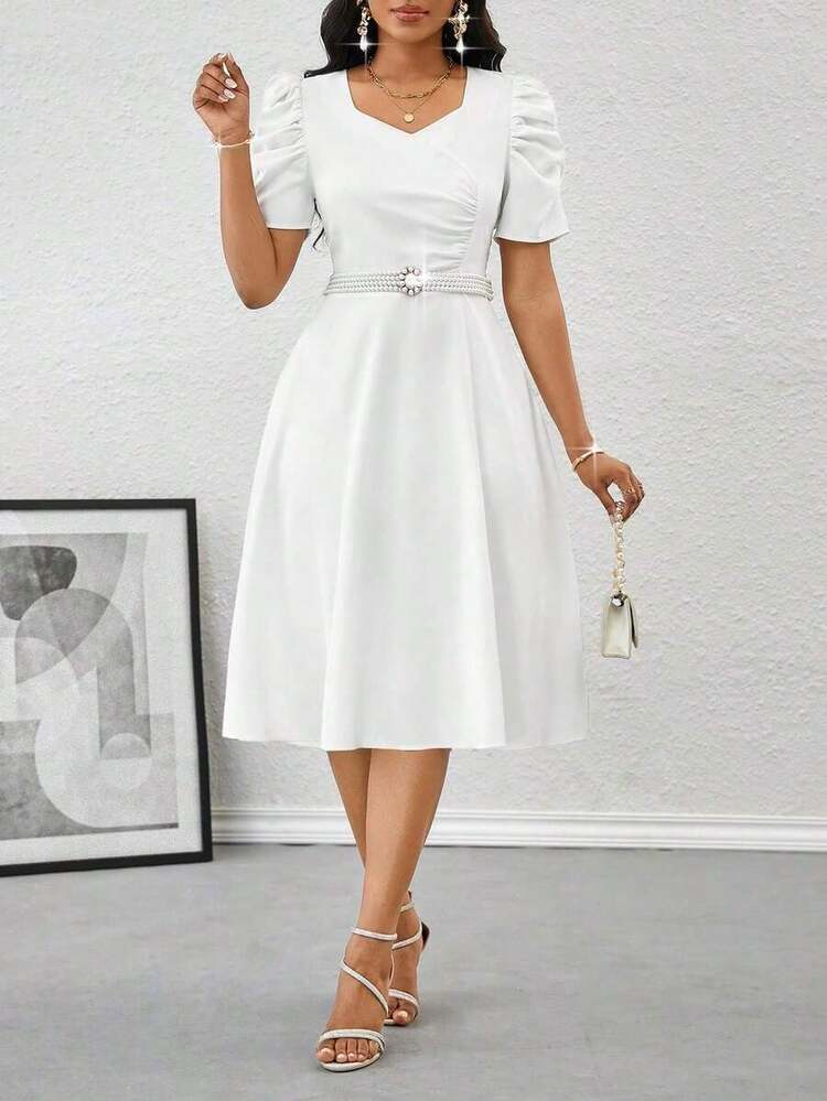 white casual dress with sleeves Seta T Women's Puff Long Sleeve Crewneck Knee Length Tie Waist Casual Dress with Pockets Wine Red Small