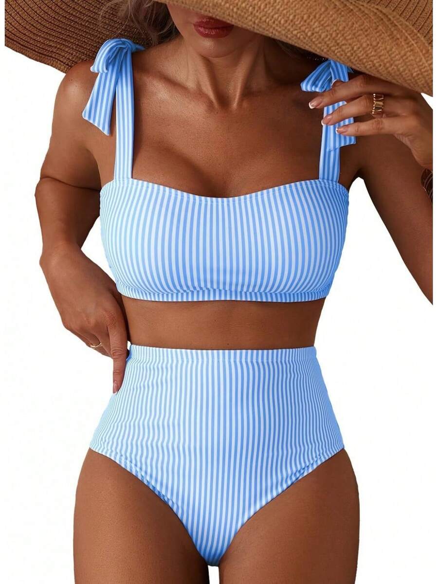 2026 Women's Tie-Shoulder Bikini Set Striped Swimsuit High-Waisted Swimsuit - Blue Stripes - View 1