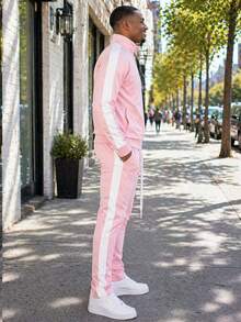 Homme Mens 2 Pc Light Weight Side Stripe Two Piece Co-Ord Track Jacket And Track Pant Set Ankle Zipper - Hồng Trắng - Xem 2