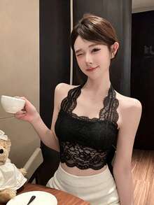 Áo hai dây cổ yếm bằng ren nguyên chất, phối lưới xuyên thấu, thiết kế độc đáo, ngọt ngào và cá tính. - màu đen - Xem 1