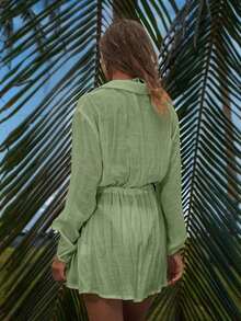 Conjunto de verano para mujer: Camisa elegante y casual con botones y mangas de farol, vestido corto y ligero para la playa, versátil - Verde militar - Ver 2