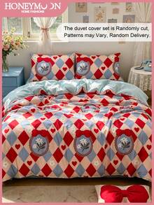HONEYMOON Diamond Print Duvet Cover Set (2pcs = 1 Duvet Cover + 1 Pillowcase; 3pcs = 1 Duvet Cover + 2 Pillowcases); 100% Polyester Digital Printed Fabric, Soft & Breathable, Wrinkle Resistant, Pillowcase Without Pillow Insert (No Comforter); T/F/Q/K Size Suitable For Home And Dorm, Oeko-Tex Certified, Suitable As A Gift For Mom - Multicolor - View 2