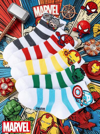 Marvel 1/5 Đôi tất trẻ em họa tiết siêu anh hùng Thor của Avengers, tất nhún bèo, quà tặng Ngày Valentine cho trẻ em, thiết kế sọc nhiều màu sắc, tất ngắn cho bé trai/bé gái, tất ngắn thời trang mềm mại thoáng khí, tất mỏng mùa xuân/hè cho bé trai nhân Ngày Valentine, mặc hàng ngày.