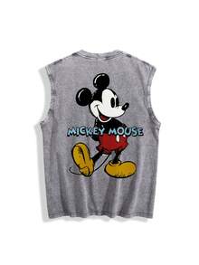 Disney 230g High-Quality Washed Cotton Crew Neck Tank Top, Colorful Mickey Print, Loose Fit, Casual For Everyday Wear. - 灰色 - 查看 2