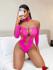 Đồ lót gợi cảm, áo liền thân lưới cho nữ, đồ lót babydoll lưới co giãn, đồ lót teddy xuyên thấu quyến rũ. - Màu Hồng Tươi - Xem 2