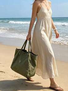 Bolso de Hombro de Lona de Color Sólido para Mujer, Estilo Primavera-Verano, Gran Capacidad, Casual y Tipo Tote - Verde - Ver 8