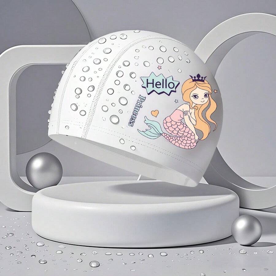 Kids Cartoon Swimming Cap, Unicorn/Astronaut/Swan Print, Waterproof Swim Cap For Girls, Suitable For Long Hair, Back To School, First Day Of School - White - View 1