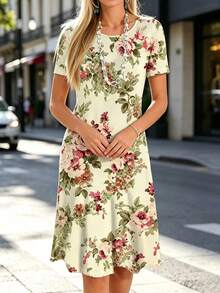 New Arrival Spring/Summer Bestselling Fashion Vacation Style Flattering Dress, Sweet & Elegant Digital Floral Print Round Neck Short Sleeve Maxi Dress For Women, Versatile For Outings, Home, Travel, Work, Beach - Yellow - View 3