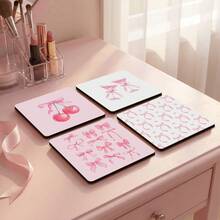 4pcs/Set Pink Bowknot Square Wooden Coasters, Heat Resistant & Anti-Slip, Suitable For Drinks, Coffee, Office, Kitchen, Dining Table Decor, 2D - Multicolor - View 3