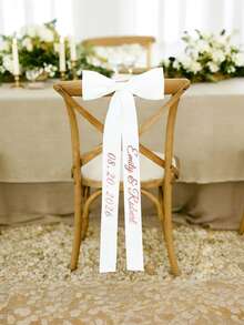 Custom Personalized Bow Chair Back Trim, Customizable With Text, White Satin Ribbon Bow, Suitable For Bride And Groom Chairs, Elegant Ceremony And Reception Decoration, Reserved Seating Sign, Wedding Keepsake. - Multicolor - View 3