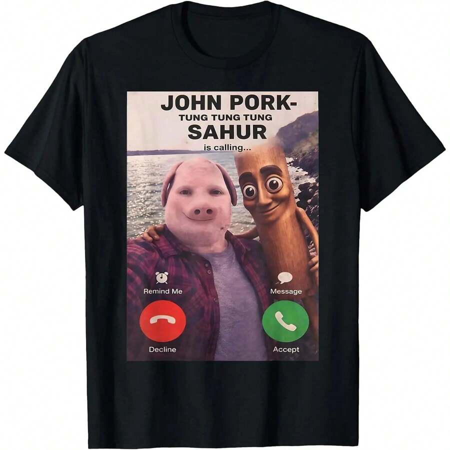 John Pork Tung Sahur Calling Brainrot Meme Gift For Women Men Cotton T-Shirt Women Men - màu đen - Xem 1