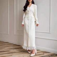 2026 Autumn European And American Style Women's Slim-Fit Dress With Turn-Down Collar, Lace Details, And Pocket Design, Elegant - 白色 - 查看 2