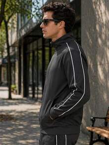 Men's Contrast Pipe Side Stripe Solid Color Zip Up Track Jacket Activewear Top - 黑色 - 查看 2