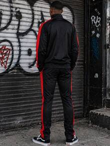 Homme Mens 2 Pc Light Weight Side Stripe Two Piece Co-Ord Track Jacket And Track Pant Set Ankle Zipper - 黑紅 - 查看 3