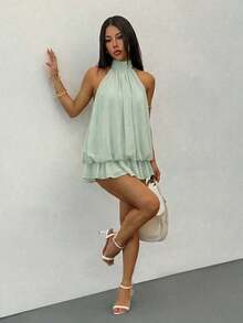 Vestido mini elegante de mujer con cuello halter y lazo en color beige - verde menta - Ver 5