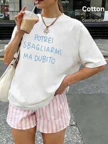 Top en coton blanc ample personnalisé pour femmes, été 2026, avec imprimé manuscrit en anglais sur le devant. Parfait pour un style décontracté américain. - Blanc - Voir 16