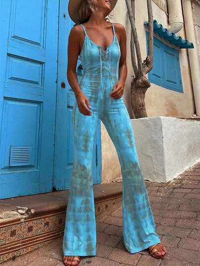 Tie-Front Colorful Print Jumpsuit, A Fashionable And Comfortable Piece, Suitable For Vacation Wear, Showcasing A Relaxed And Free Style