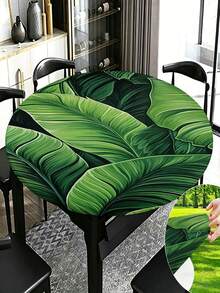 1pc Tropical Palm Leaf Tablecloth With Elastic Band, Polyester Hawaiian Green Leaf Round Tablecloth For Kitchen, Dining Room, Party, Patio Table - A - View 10