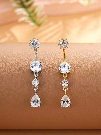 1pc Stainless Steel Water Drop Navel Ring With Sparkling Zirconia Stone, Sexy Belly Button Piercing Jewelry For Women, Suitable For Festivals