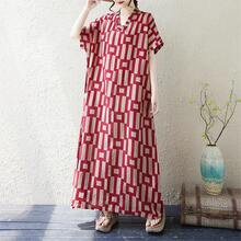 Vestido midi de cuello ancho y manga corta para mujer, largo extendido, mezcla de algodón y lino, fino, con cuello en V, idea... - 5909 Azul marino - Ver 2