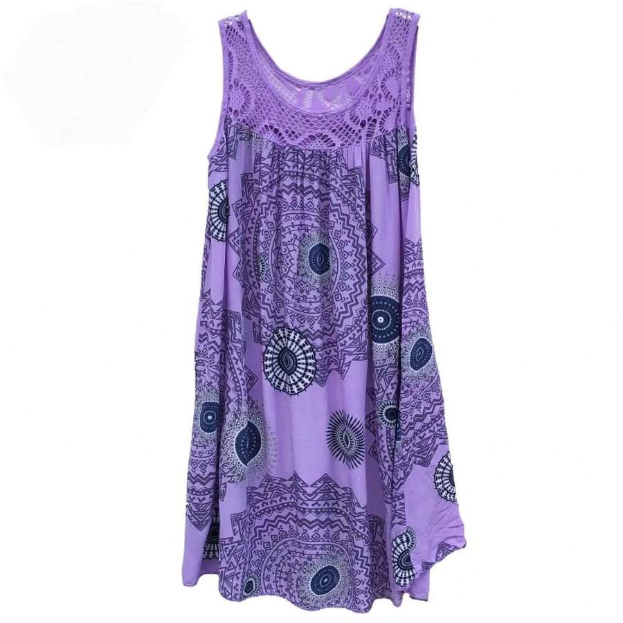 Ropa de mujer, vestido camisola sin mangas de verano con estampado de encaje sin mangas, vestido sexy holgado con vuelo grande, falda larga de talla grande - Morado - Ver 1