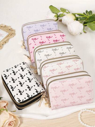 Cute Bow Print Double Zipper Wallet For Women, Small Card Holder With Coin Pocket, Vintage Cartoon Zippered Purse, Ideal Birthday Christmas Anniversary Gifts For Her & Back To School