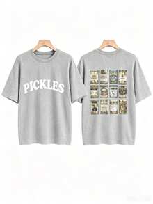[Olive Green Sweatshirt] Soft Olive Green Crewneck Sweatshirt |     PICKLES Letter Print & Pickle Jar Graphic - Mid-Stretch Fabric, Machine Washable - 灰色2 - 查看 13