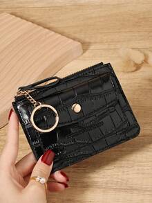 Black Crocodile Pattern Chain Keychain Card Wallet Purse, Mini Zip Around With Flap Multi-Card Slots, PU Leather Coin Pocket Unisex For Daily Use Travel, Compact Minimalist Accessory For Birthday Christmas Gift - Black - View 7