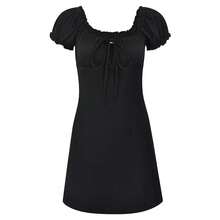 Minivestido Sexy de verano para mujer, vestido negro ajustado de manga corta con cordones, informal, sin espalda, con pliegues, vestidos elegantes de corte a para fiesta - Negro - Ver 1