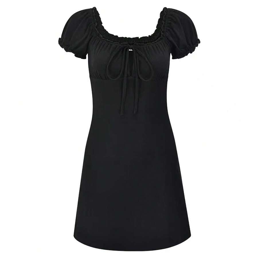 Minivestido Sexy de verano para mujer, vestido negro ajustado de manga corta con cordones, informal, sin espalda, con pliegues, vestidos elegantes de corte a para fiesta - Negro - Ver 1