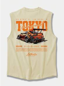 YUNCHIC - Men's Casual Sleeveless Vest, Lightweight Summer Sportswear, Creative Car Pattern, Round Neck Elastic Undershirt, Breathable Moisture-Wicking Quick-Dry, Fashionable For Fitness Training, Layering - Khaki - View 2