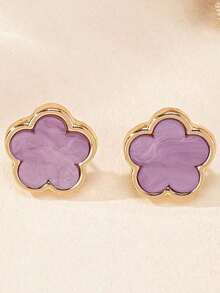 Set de 6 piezas de joyería con flor de la suerte, 1 pieza collar, 1 pieza pulsera, 1 pieza brazalete, 1 pieza anillo, 1 pieza de aretes, adecuado para uso diario, fiesta, vacaciones - Morado - Ver 2
