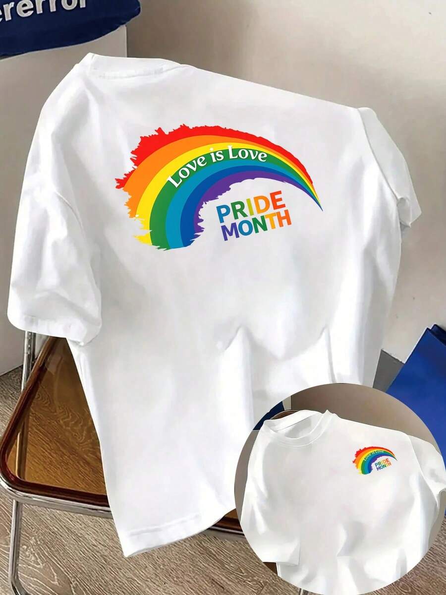Love Is Love Summer Tops, Pride Month Graphic Print T-Shirt, Casual Short Sleeve Round Neck Top For Summer And Spring, Women's Clothing, Cotton T-Shirt, Summer Outfit - White - View 1
