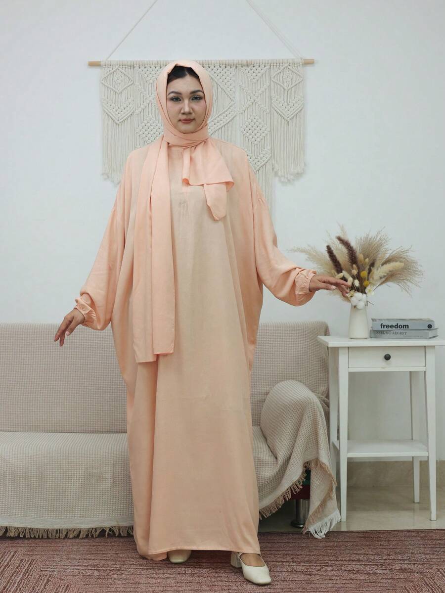 Women's Modest Long Sleeve Solid Color Prayer Robe, Lantern Sleeve Design, Full Length Woven Fabric, Suitable For Elegant Occasions, Applicable For Church And Home Use