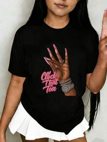 Tween Girl Cotten Clothes,Y2K-Inspired Letter Print T-Shir-Perfect For Spring/Summer/Fall,Fashion, Streetwear, Unisex, Men, Women - Black - View 4