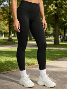 Seamless Ribbed Fitness Leggings, Slimming Form-Fitting Gym Tights, Multi-Scene Training Activewear Sports - Black - View 3