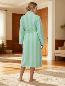 Womens Plush Soft Robe Long Sleeve Belted Striped Bathrobe With 2 Pockets For Spa, Pool - 綠松石色 - 查看 6