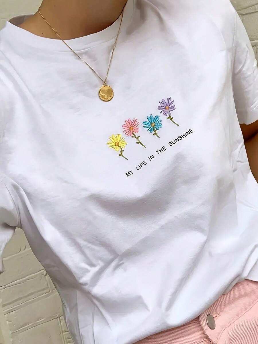 Camiseta de mujer moderna, informal, para fiestas y para estar en casa, 100% algodón, corte holgado. Camiseta estampada para mujer - Blanca, informal para uso diario, varios colores opcionales, transpirable y cómoda, con cuello redondo, lavable a máquina, para uso en la oficina y fines de semana, ropa de mujer para primavera y verano, 100% algodón. - Blanco - Ver 1
